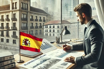 Un profesional de negocios sentado en un escritorio, trabajando en un plan de negocios detallado para una empresa inmobiliaria en España