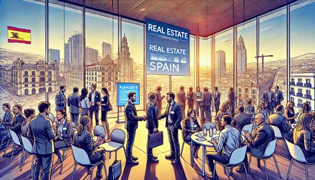 Ilustración de un evento de networking inmobiliario en España