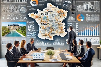 Un espacio de trabajo profesional con un equipo que desarrolla un plan de negocios para una empresa inmobiliaria en Francia